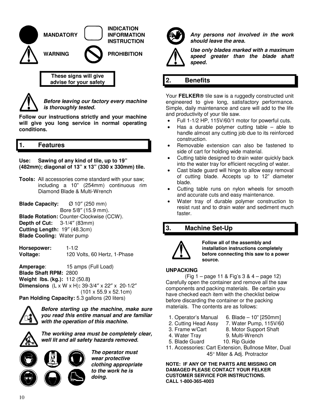 Porter-Cable FTS-150 Features, Benefits, Machine Set-Up, Indication Mandatoryinformation Instruction, Unpacking 