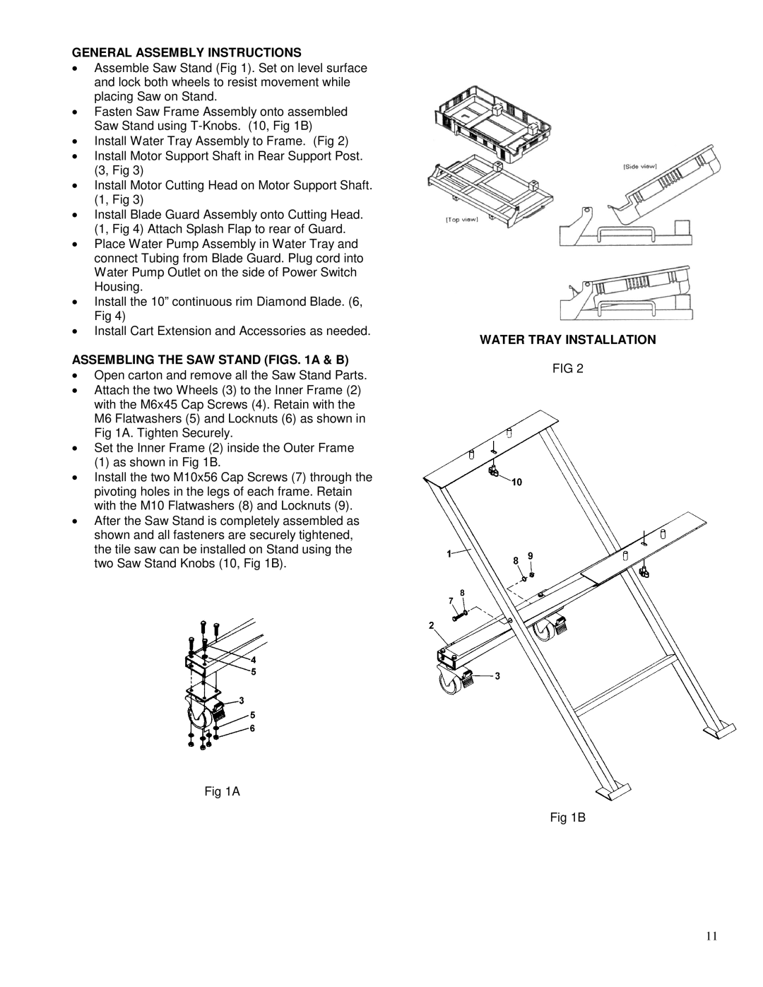 Porter-Cable FTS-150 General Assembly Instructions, Assembling the SAW Stand Figs a & B, Water Tray Installation 