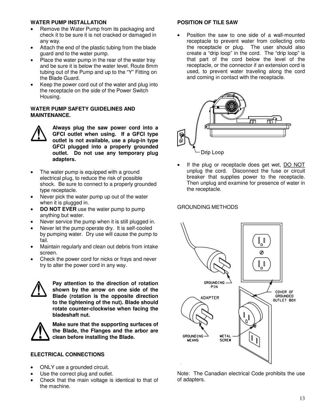 Porter-Cable FTS-150 Water Pump Installation, Water Pump Safety Guidelines and Maintenance, Electrical Connections 