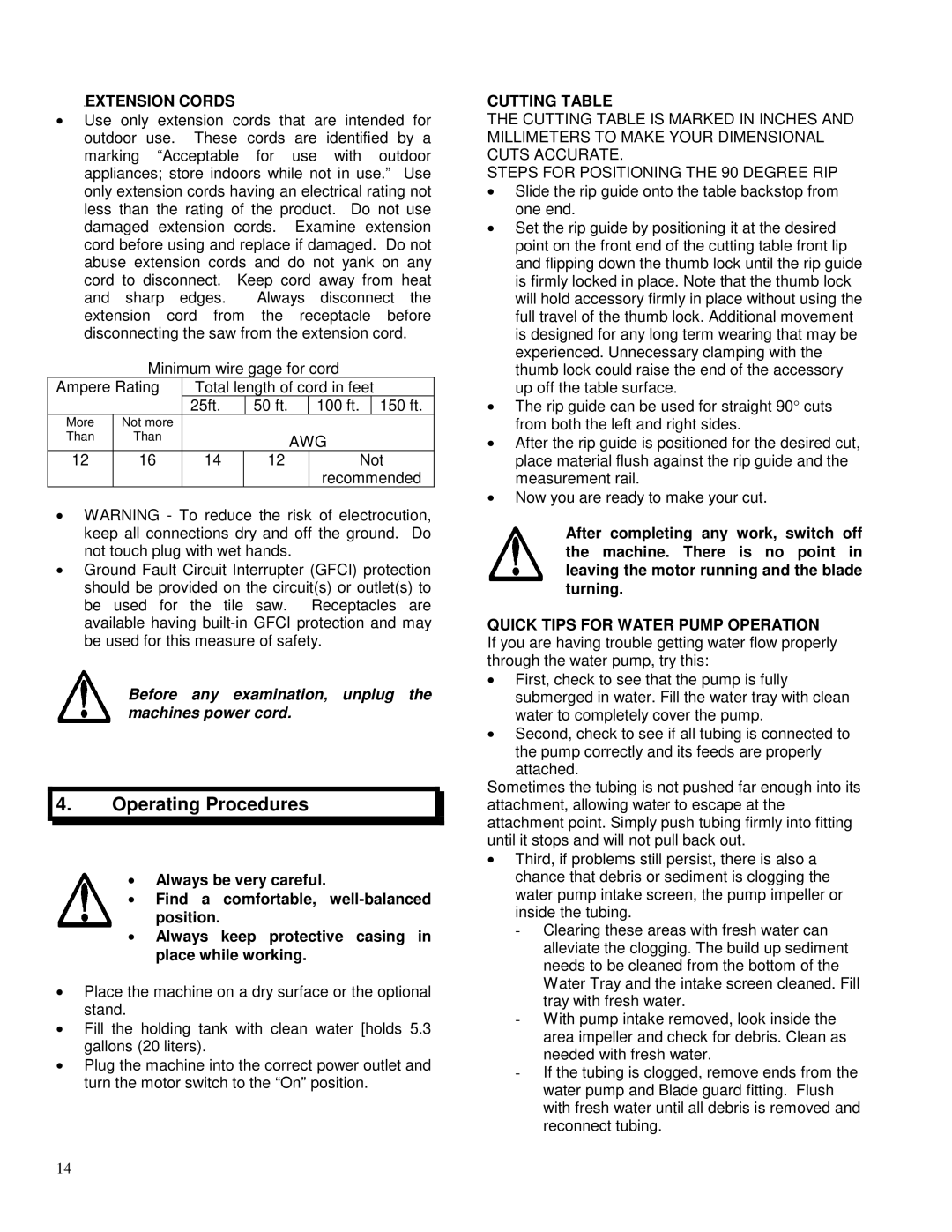 Porter-Cable FTS-150 Operating Procedures, Extension Cords, Cutting Table, Quick Tips for Water Pump Operation 