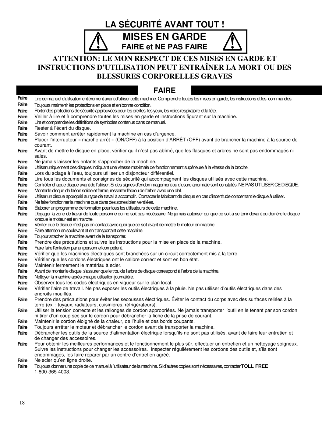 Porter-Cable FTS-150 operating instructions Mises EN Garde, Faire 