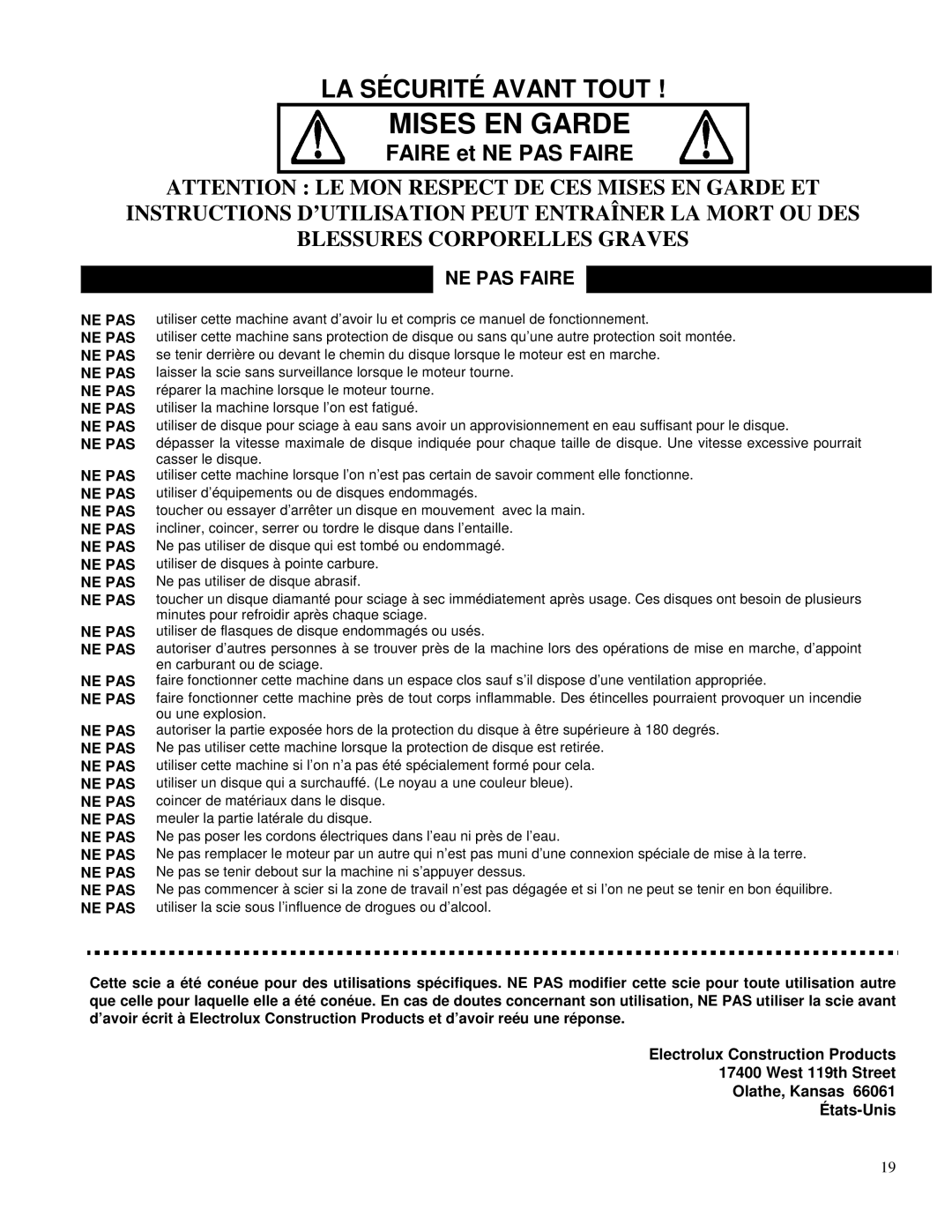 Porter-Cable FTS-150 operating instructions NE PAS Faire 