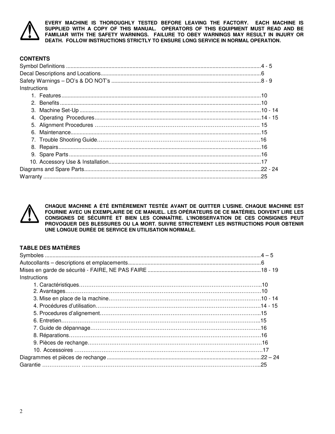 Porter-Cable FTS-150 operating instructions Contents, Table DES Matières 