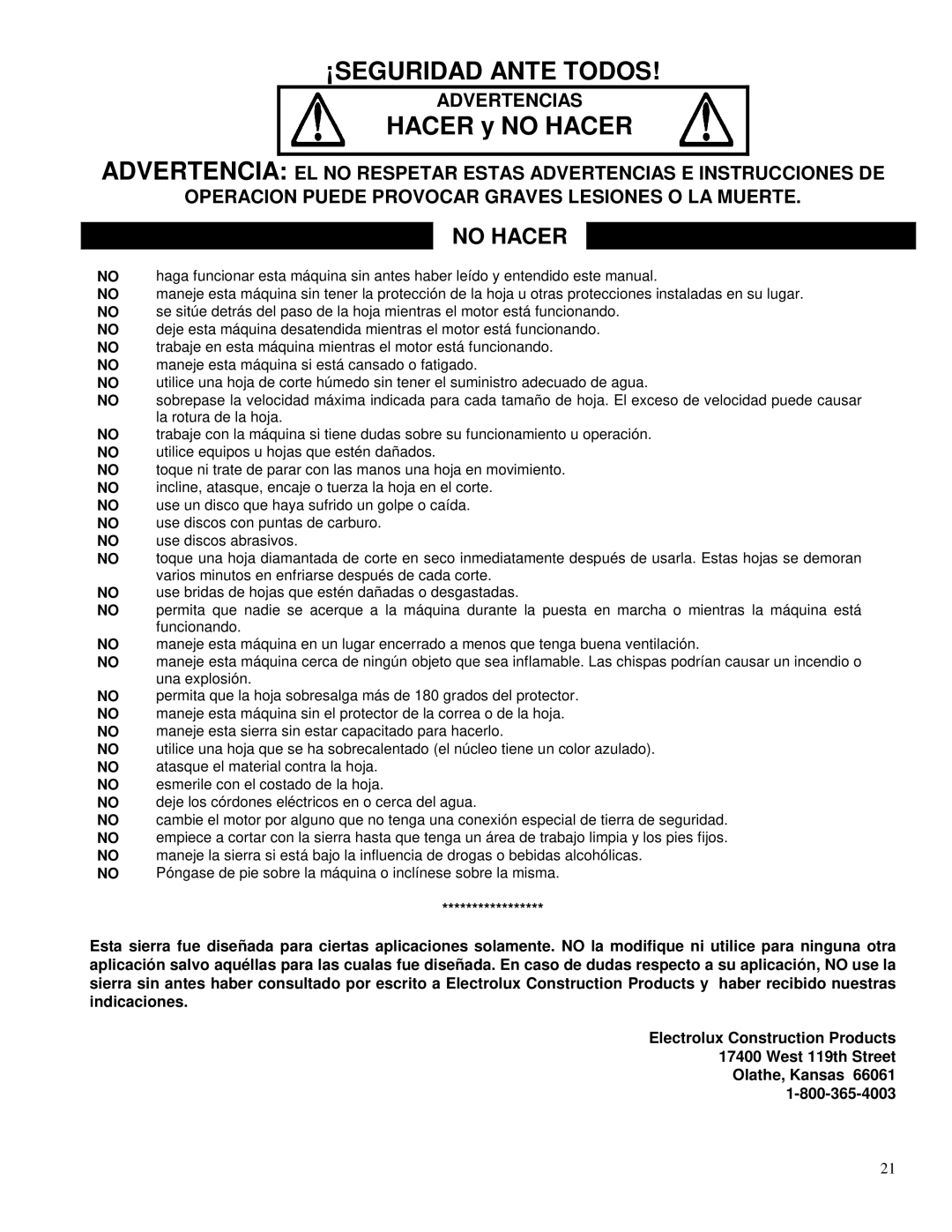 Porter-Cable FTS-150 operating instructions No Hacer 