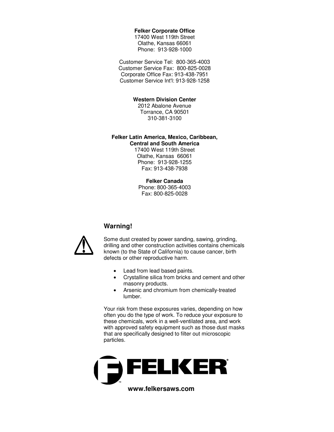 Porter-Cable FTS-150 operating instructions Felker Corporate Office, Western Division Center, Felker Canada 