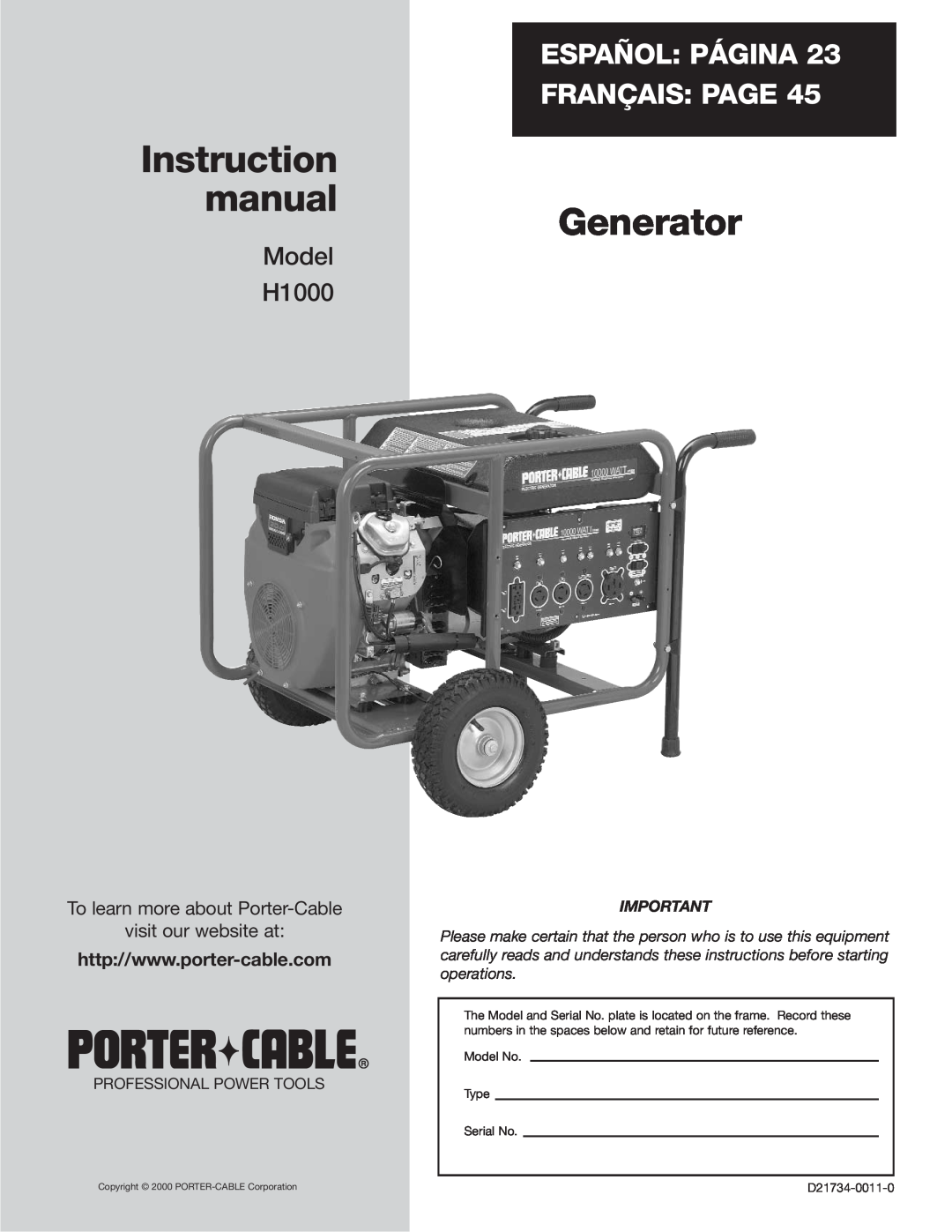 Porter-Cable instruction manual Generator, Español Página Français Page, Model H1000, Model No Type Serial No 