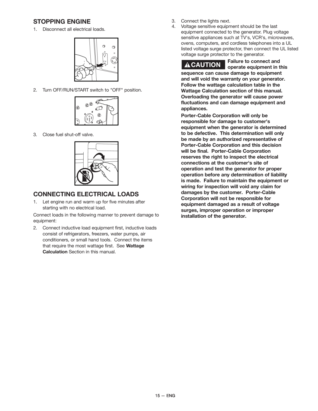 Porter-Cable H1000 instruction manual Stopping Engine, Connecting Electrical Loads 