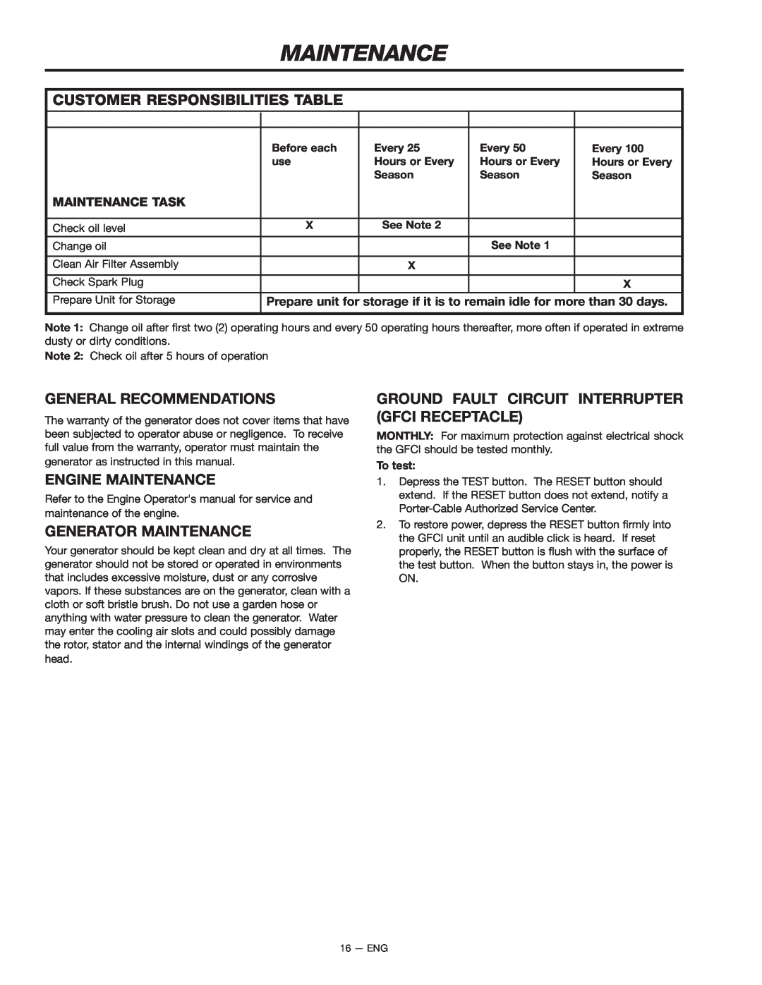 Porter-Cable H1000 Customer Responsibilities Table, General Recommendations, Engine Maintenance, Generator Maintenance 