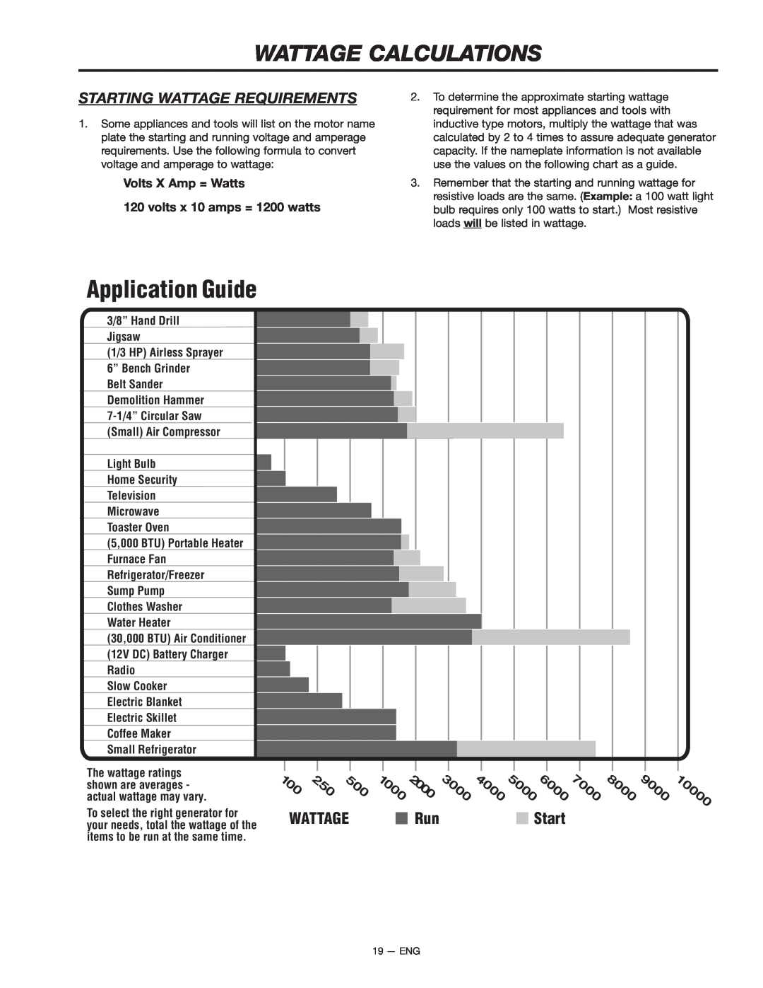 Porter-Cable H1000 instruction manual Wattage Calculations, Application Guide 