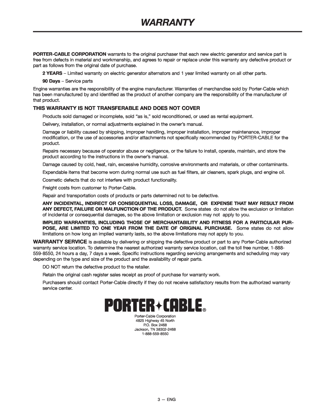 Porter-Cable H1000 instruction manual Warranty 