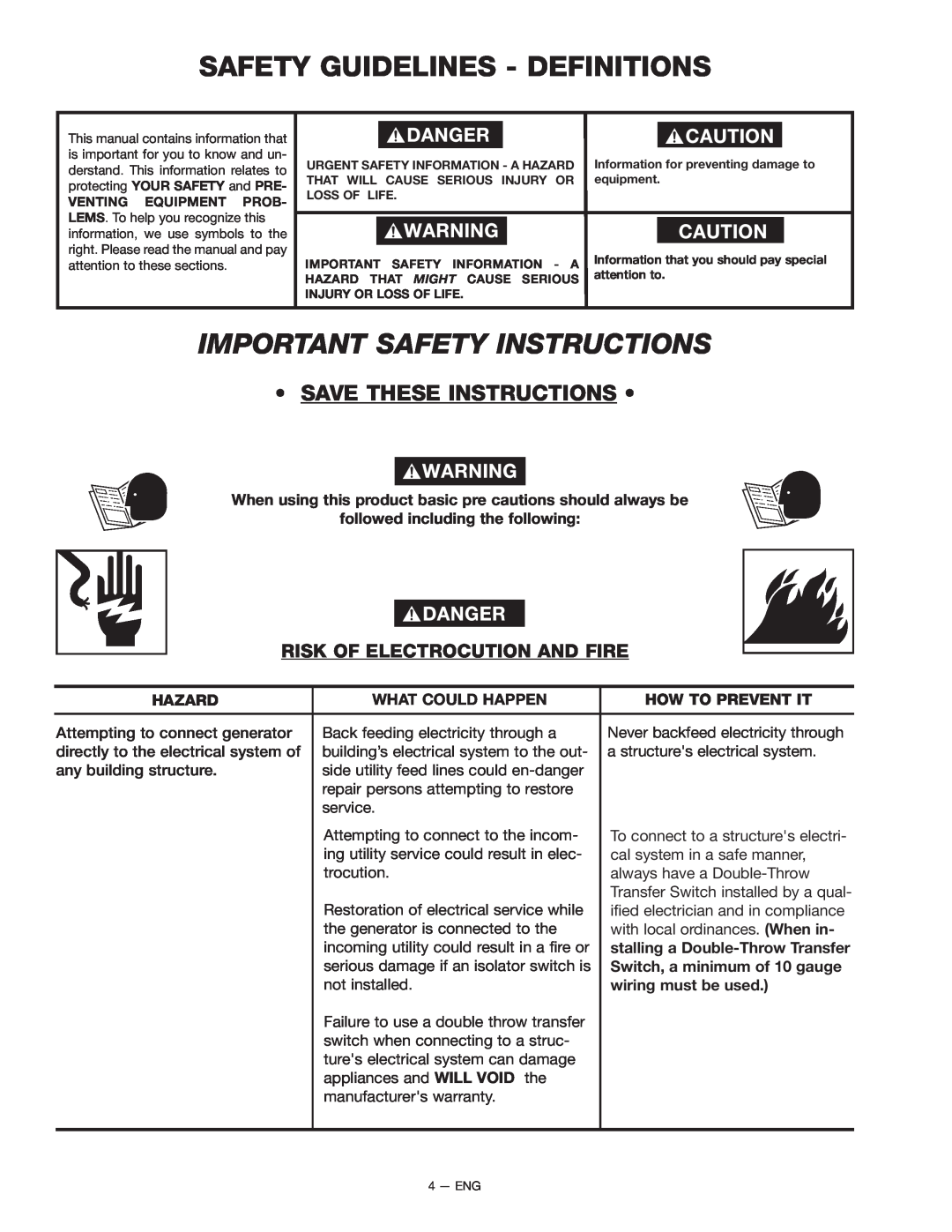 Porter-Cable H1000 Important Safety Instructions, Save These Instructions, Risk Of Electrocution And Fire, Hazard 