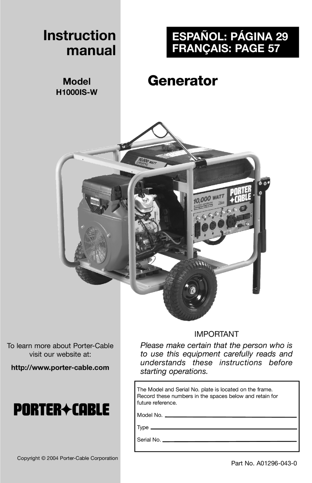 Porter-Cable H1000IS-W instruction manual Generator 