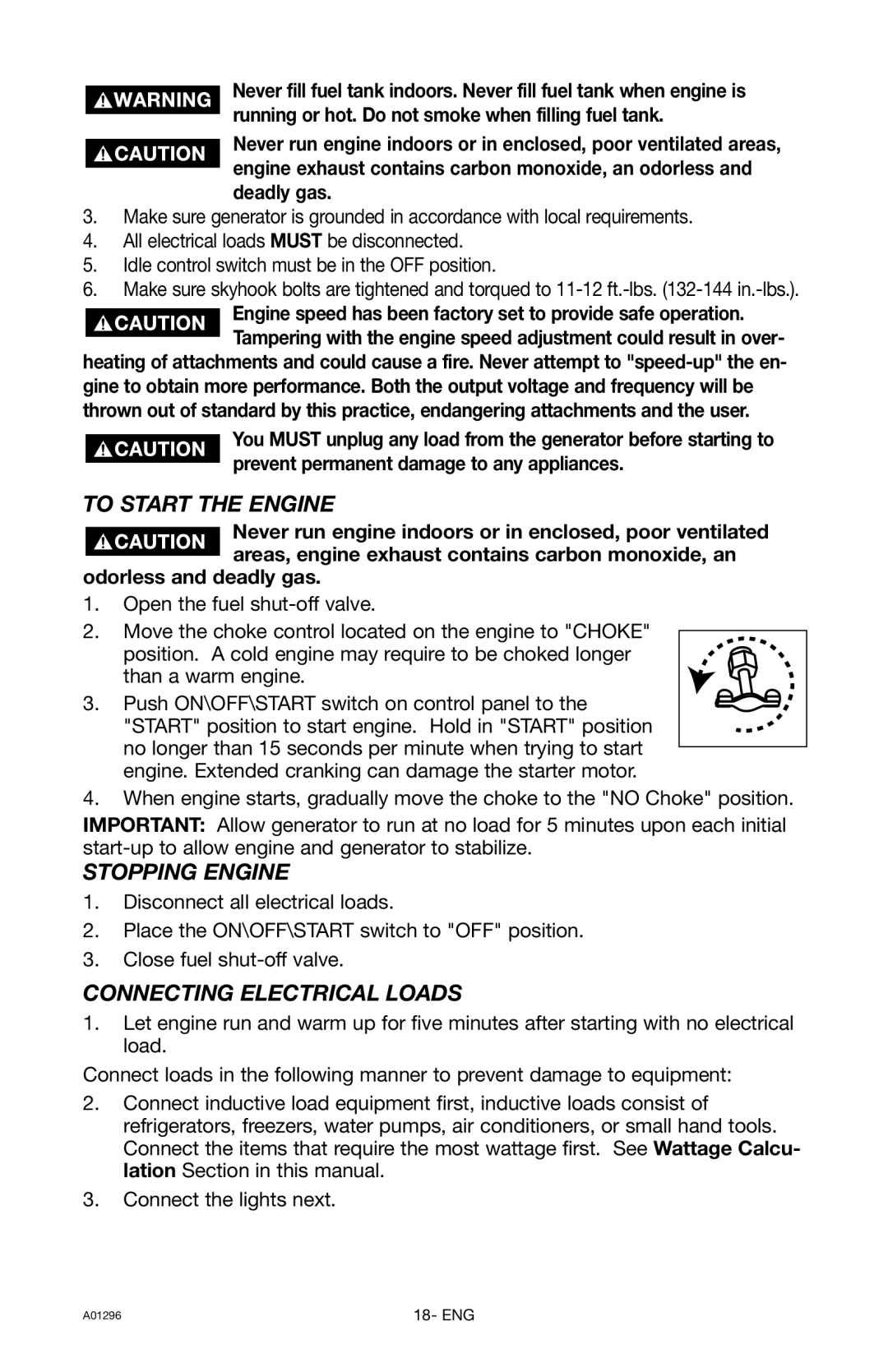 Porter-Cable H1000IS-W instruction manual To Start the Engine, Stopping Engine, Connecting Electrical Loads 