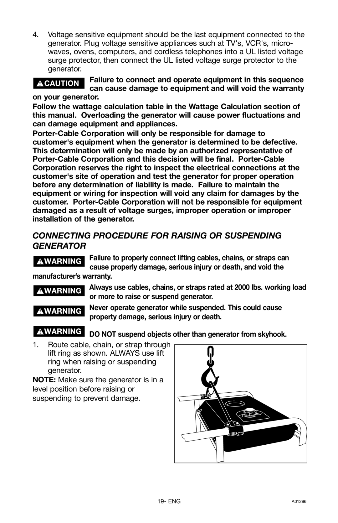 Porter-Cable H1000IS-W instruction manual Connecting Procedure for Raising or Suspending Generator 