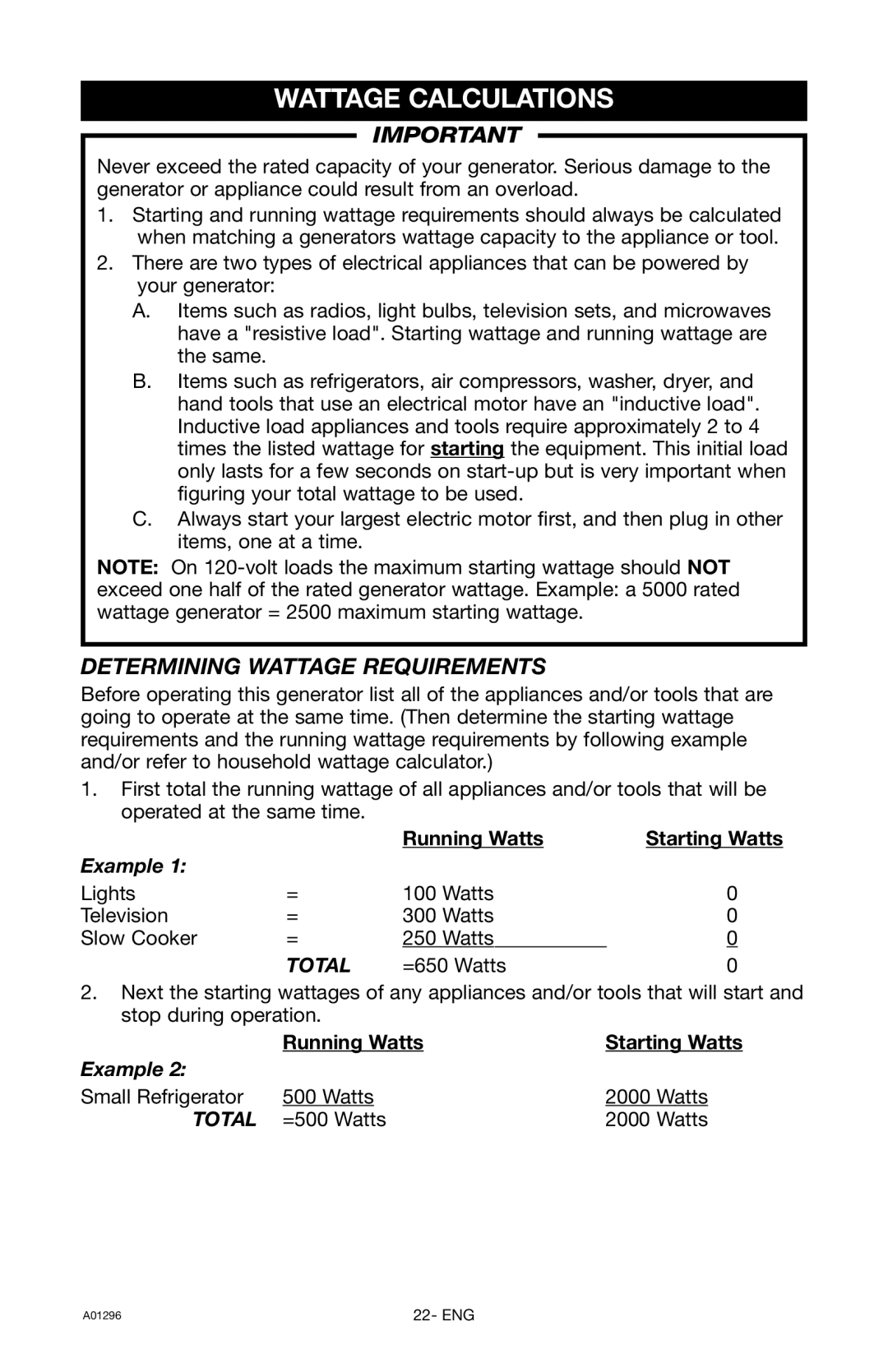 Porter-Cable H1000IS-W Wattage Calculations, Determining Wattage Requirements, Running Watts Starting Watts 