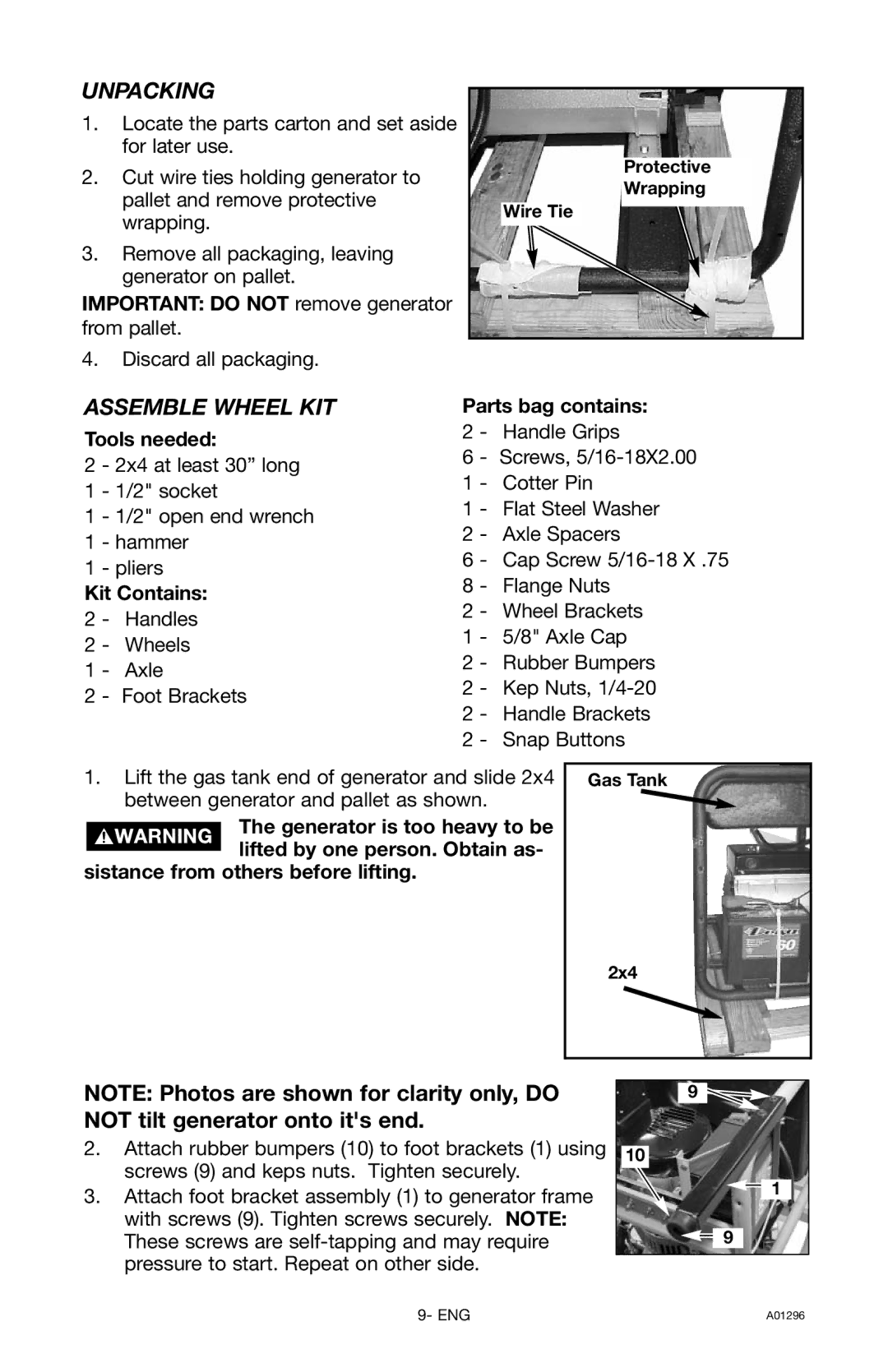 Porter-Cable H1000IS-W instruction manual Unpacking, Assemble Wheel KIT 