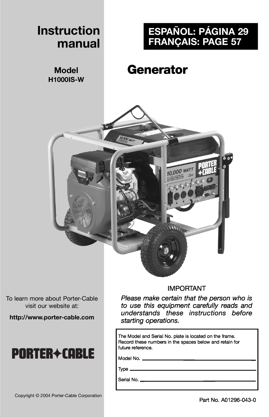 Porter-Cable H1000IS-W instruction manual Generator, Español Página Français Page, Model 