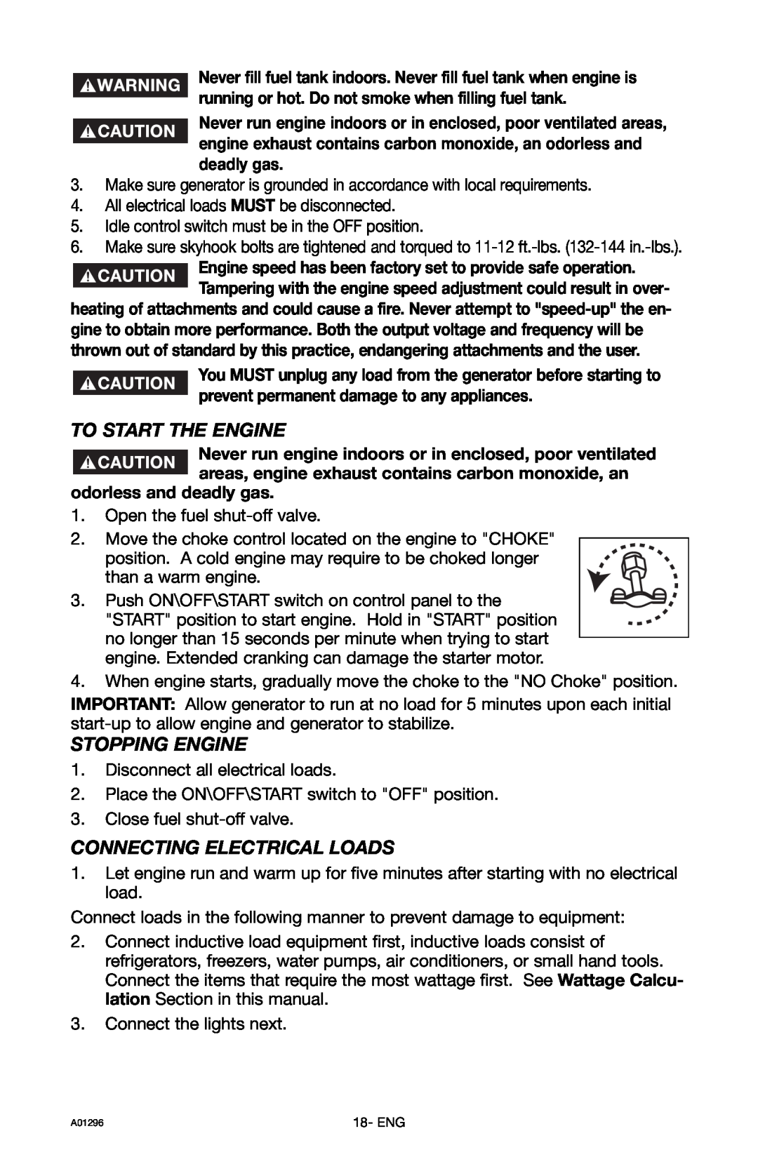 Porter-Cable H1000IS-W instruction manual To Start The Engine, Stopping Engine, Connecting Electrical Loads 