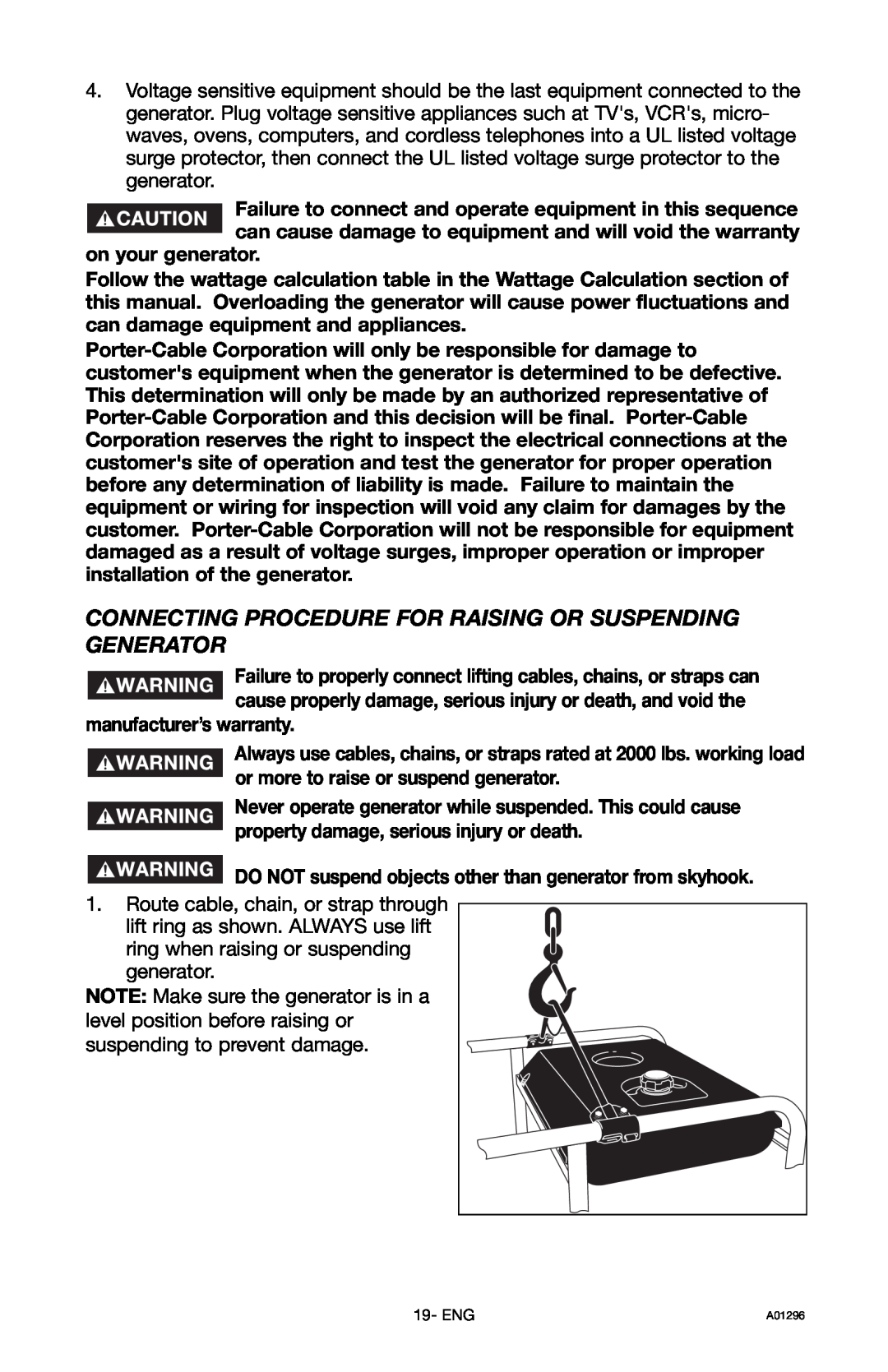 Porter-Cable H1000IS-W instruction manual Connecting Procedure For Raising Or Suspending Generator 