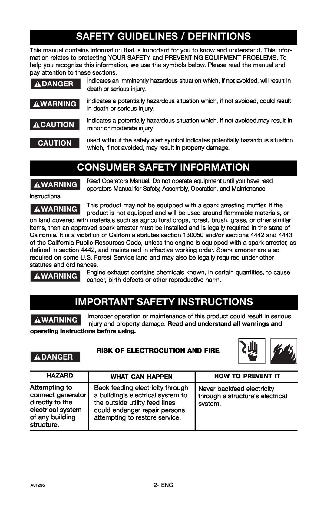 Porter-Cable H1000IS-W Safety Guidelines / Definitions, Consumer Safety Information, Important Safety Instructions 