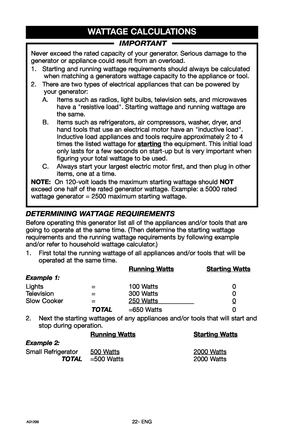 Porter-Cable H1000IS-W instruction manual Wattage Calculations, Determining Wattage Requirements 
