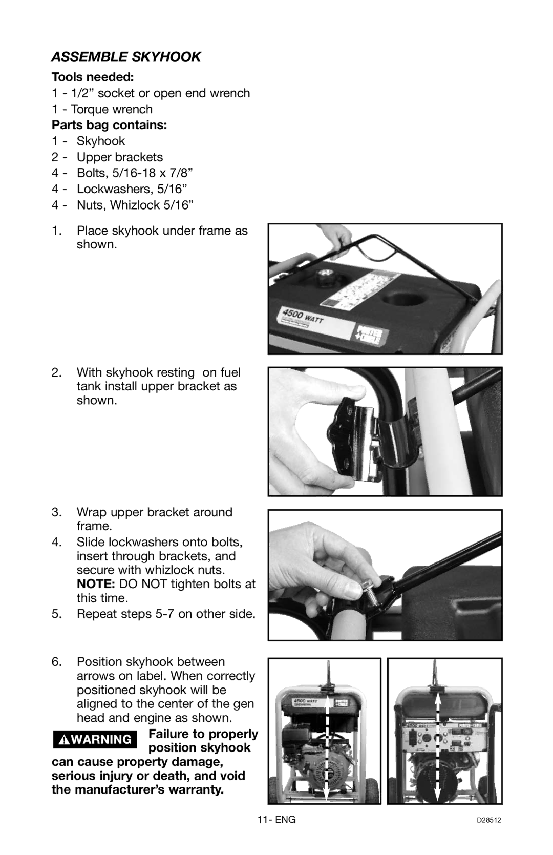 Porter-Cable H450IS instruction manual Assemble Skyhook, Tools needed, Parts bag contains 