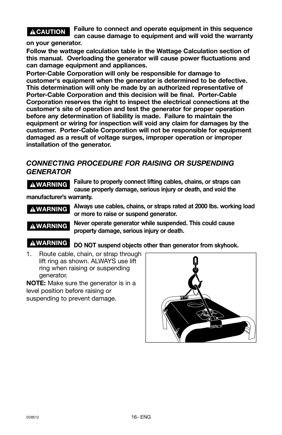 Porter-Cable H450IS instruction manual Connecting Procedure for Raising or Suspending Generator 