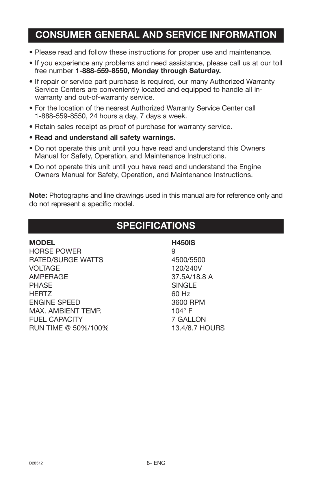 Porter-Cable H450IS Consumer General and Service Information, Specifications, Read and understand all safety warnings 