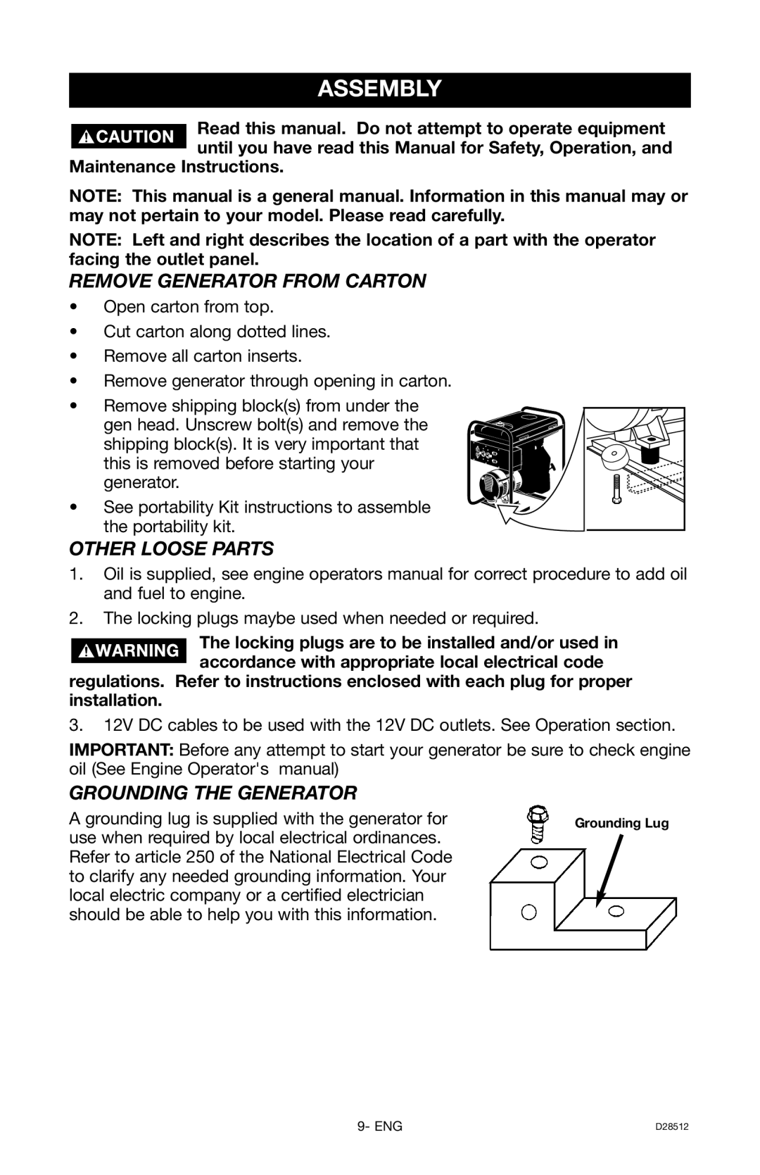 Porter-Cable H450IS instruction manual Assembly, Remove Generator from Carton, Other Loose Parts, Grounding the Generator 