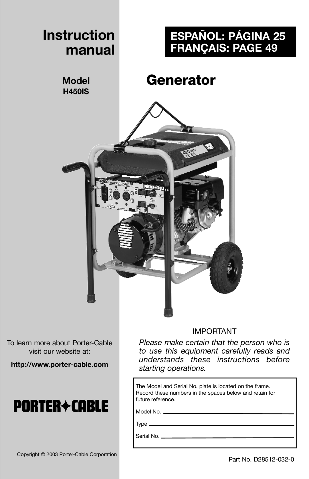Porter-Cable H450IS instruction manual Instruction manual, Generator, Español: Página Français: Page, Model 