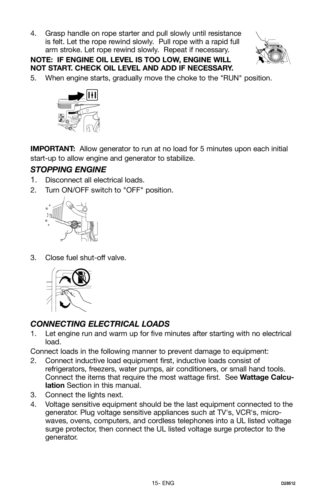 Porter-Cable H450IS instruction manual Stopping Engine, Connecting Electrical Loads 