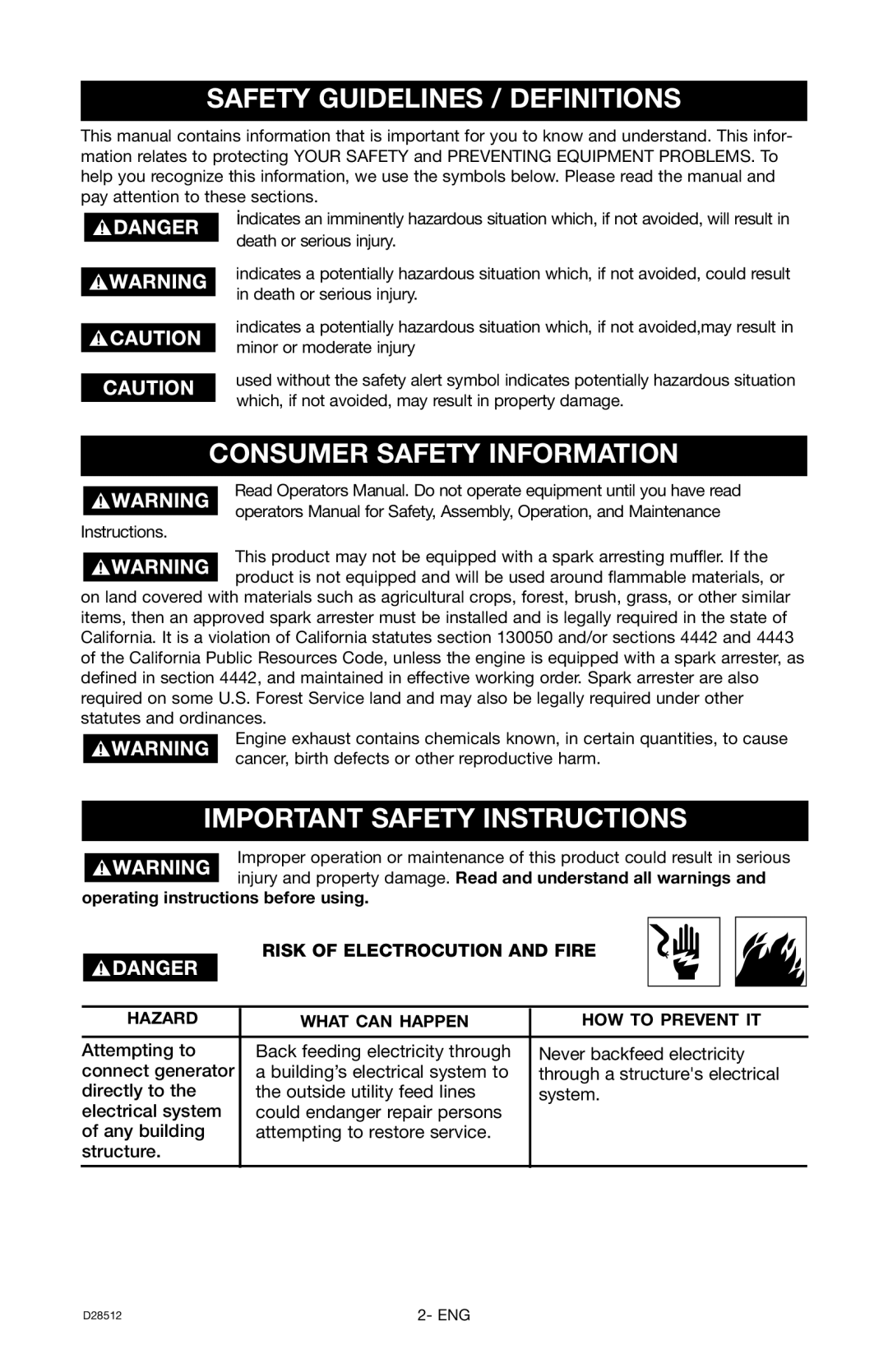 Porter-Cable H450IS Safety Guidelines / Definitions, Consumer Safety Information, Important Safety Instructions 
