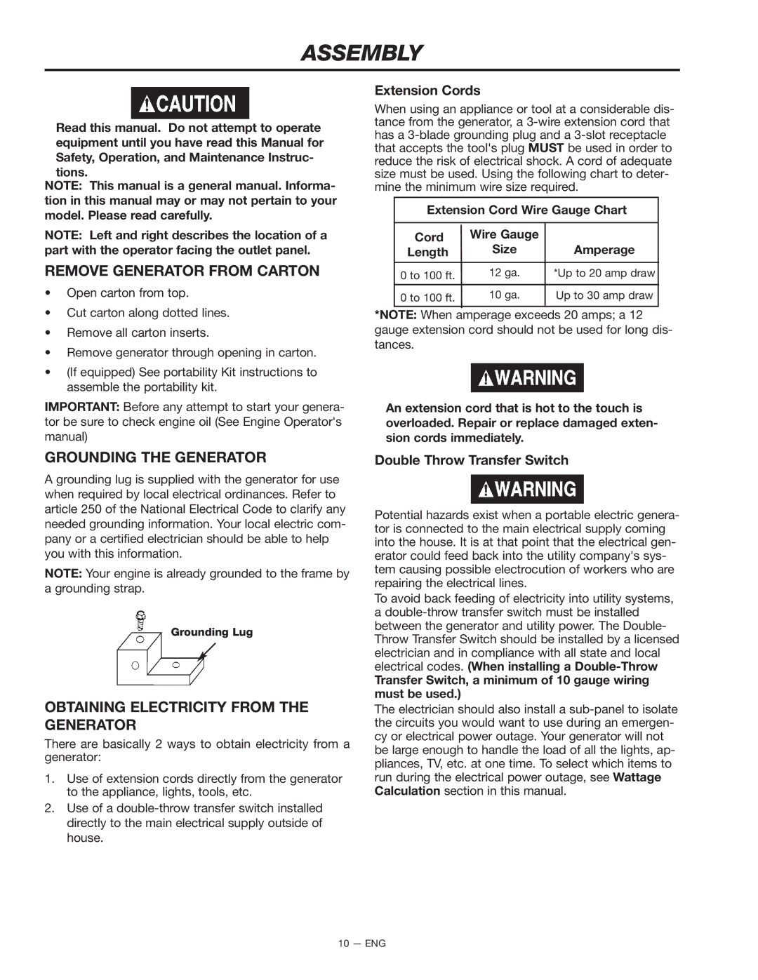 Porter-Cable H451CS instruction manual Assembly, Remove Generator from Carton, Grounding the Generator 