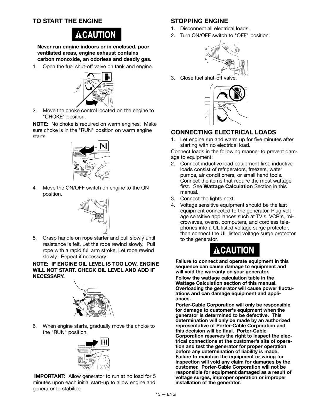 Porter-Cable H451CS instruction manual To Start the Engine, Stopping Engine, Connecting Electrical Loads 