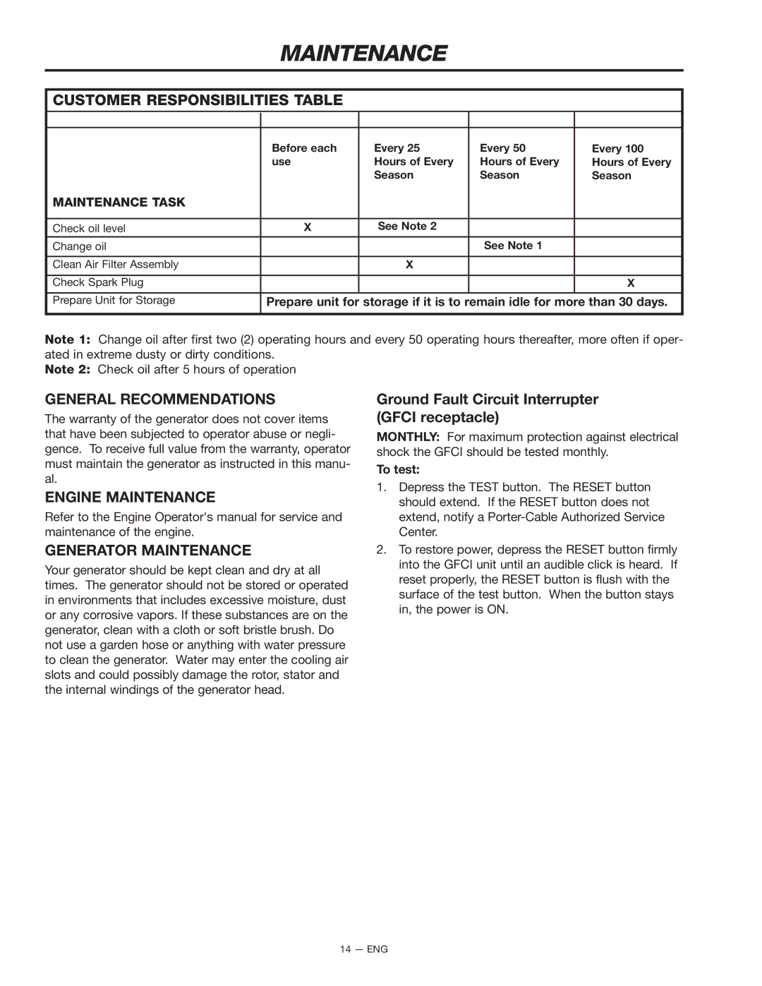 Porter-Cable H451CS instruction manual Customer Responsibilities Table, General Recommendations, Engine Maintenance 