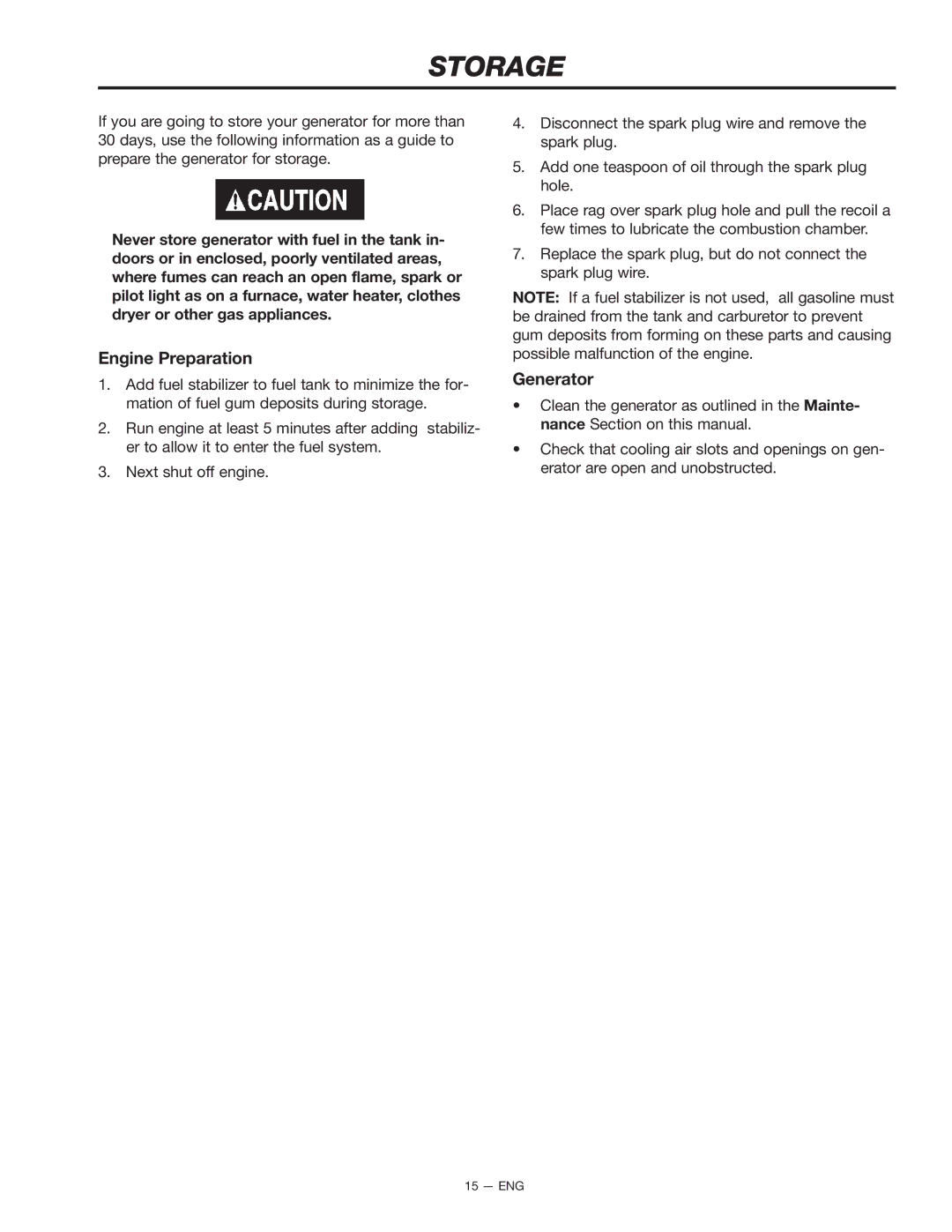 Porter-Cable H451CS instruction manual Storage, Engine Preparation 