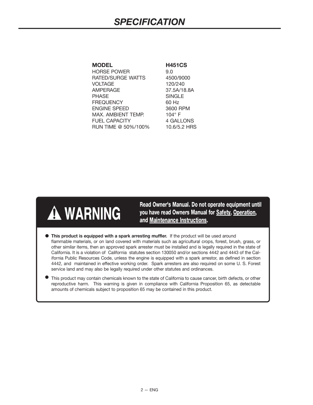 Porter-Cable H451CS instruction manual Specification, Model 