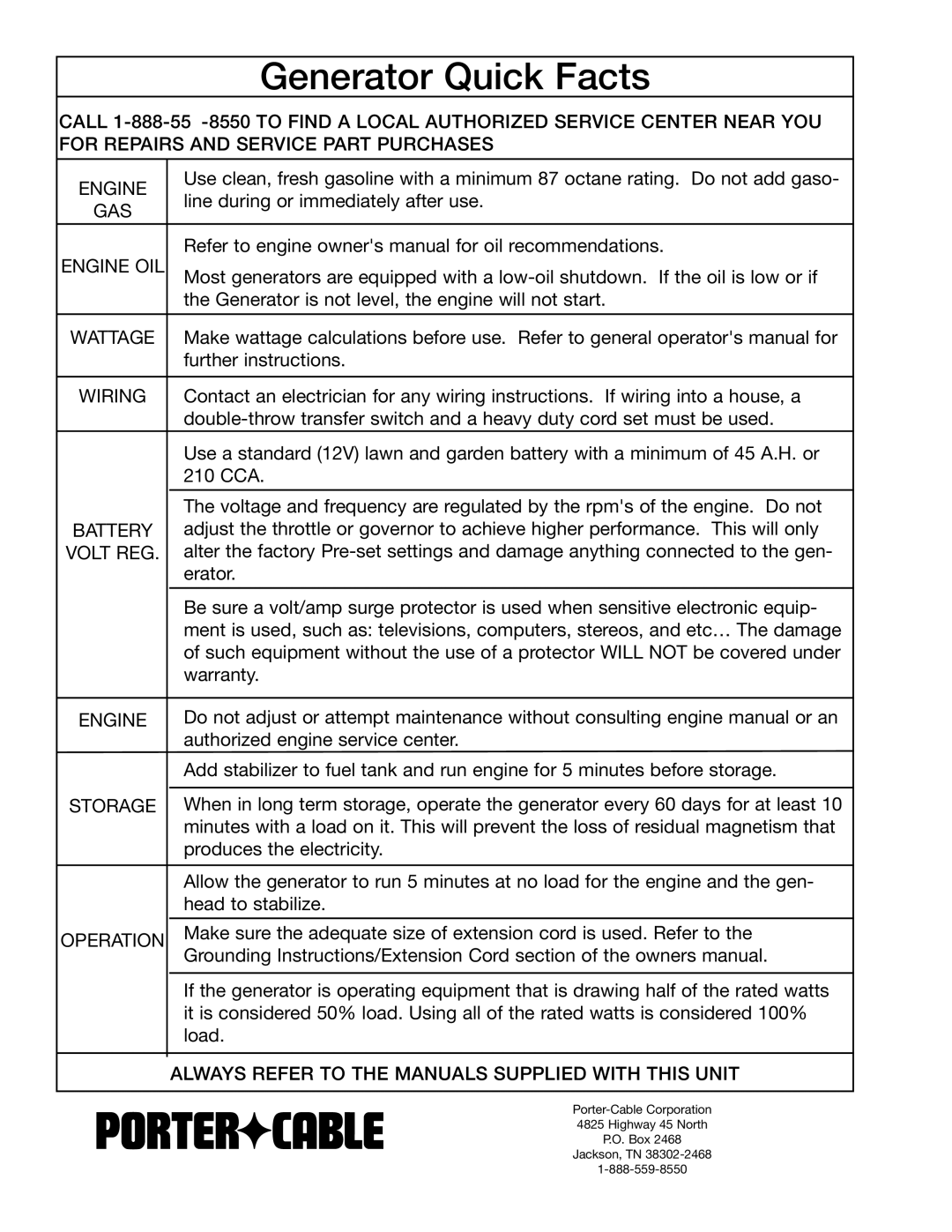 Porter-Cable H451CS instruction manual Generator Quick Facts, Always Refer to the Manuals Supplied with this Unit 