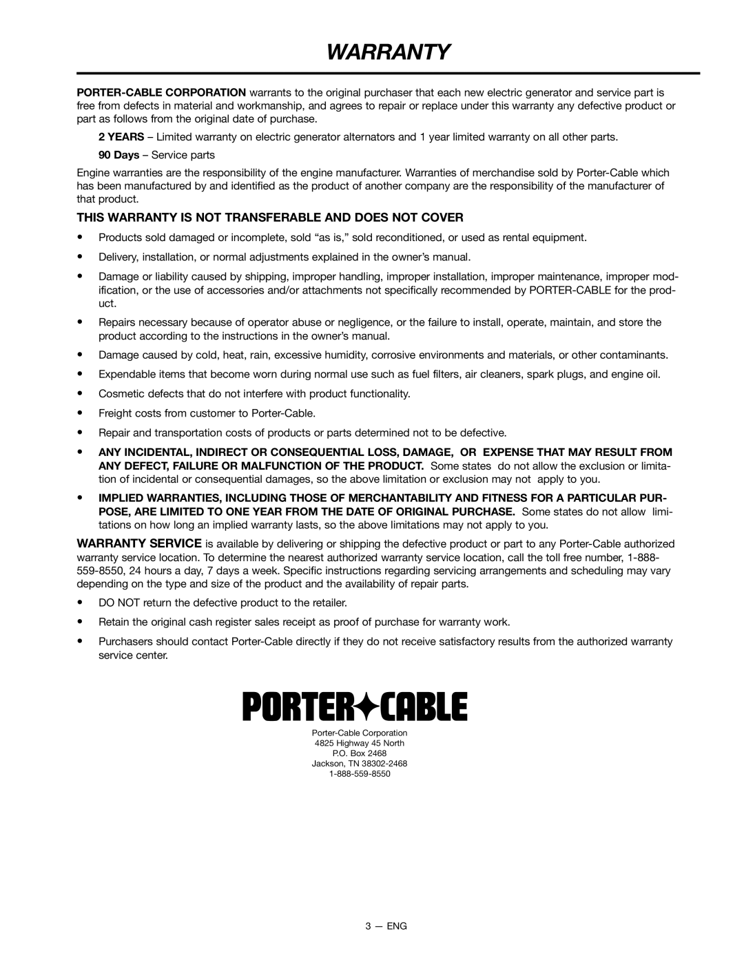 Porter-Cable H451CS instruction manual This Warranty is not Transferable and does not Cover 