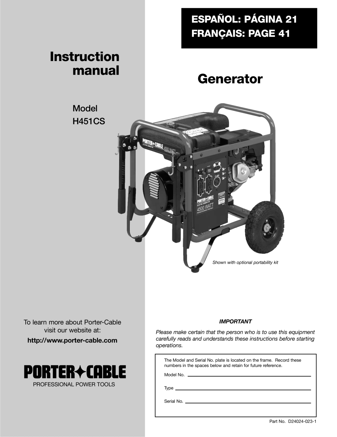 Porter-Cable instruction manual Instruction manual, Generator, Español Página Français Page, Model H451CS 