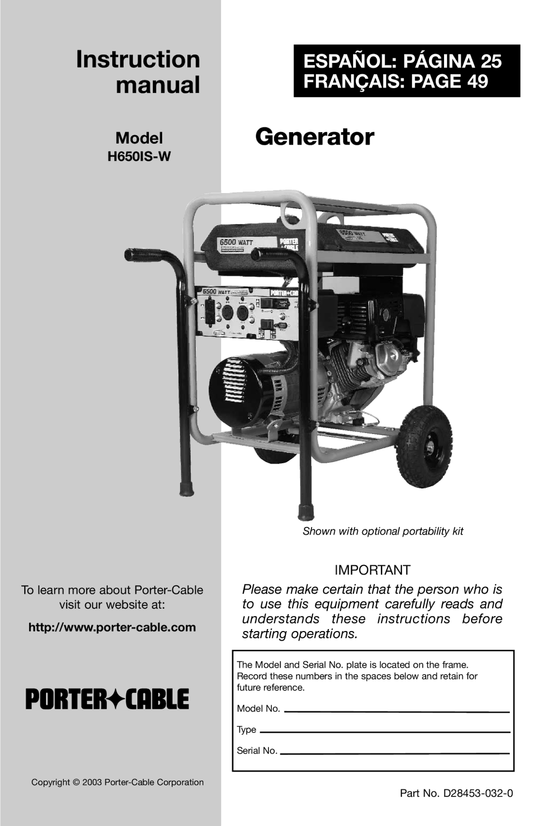 Porter-Cable H650IS-W instruction manual Generator 