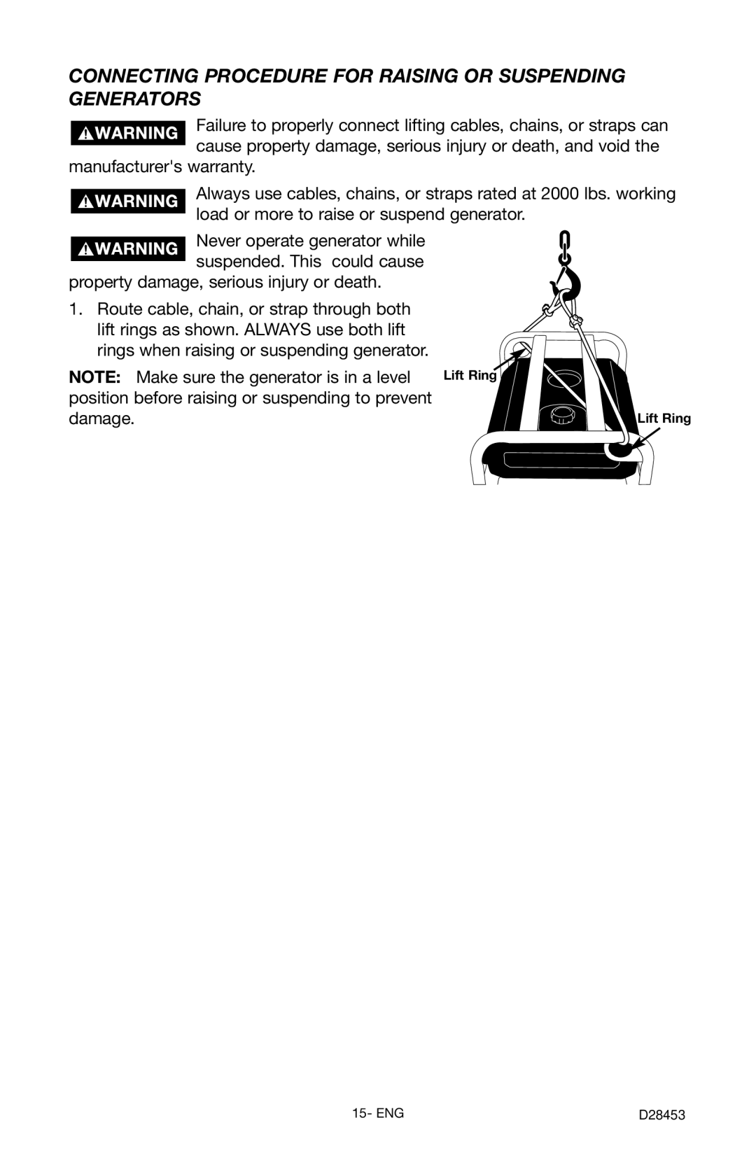 Porter-Cable H650IS-W instruction manual Connecting Procedure for Raising or Suspending Generators 