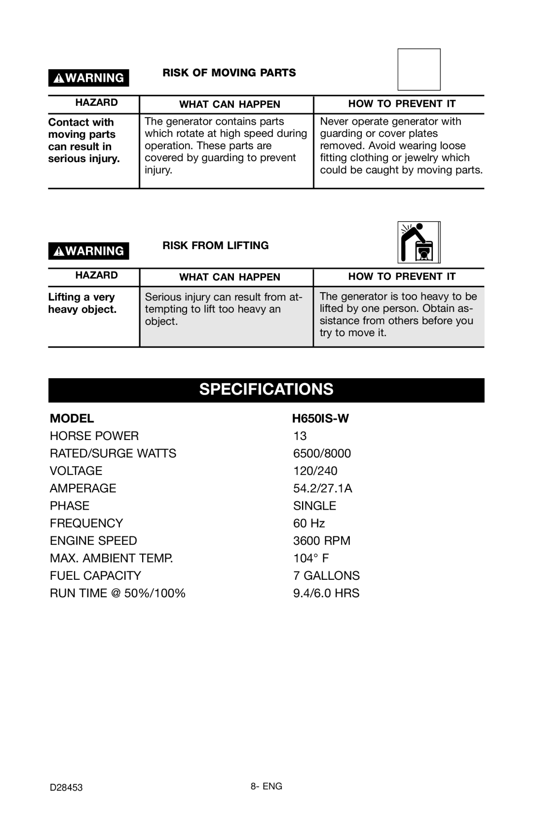 Porter-Cable H650IS-W instruction manual Specifications, Risk of Moving Parts, Risk from Lifting 