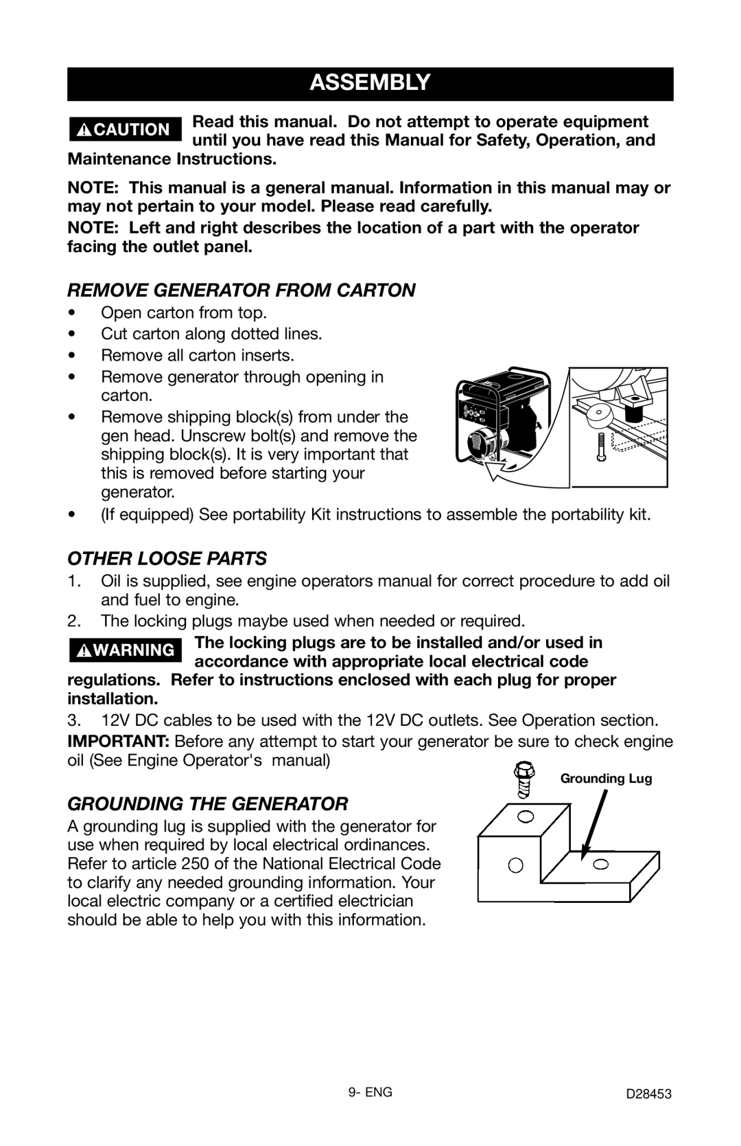 Porter-Cable H650IS-W instruction manual Assembly, Remove Generator from Carton, Other Loose Parts, Grounding the Generator 