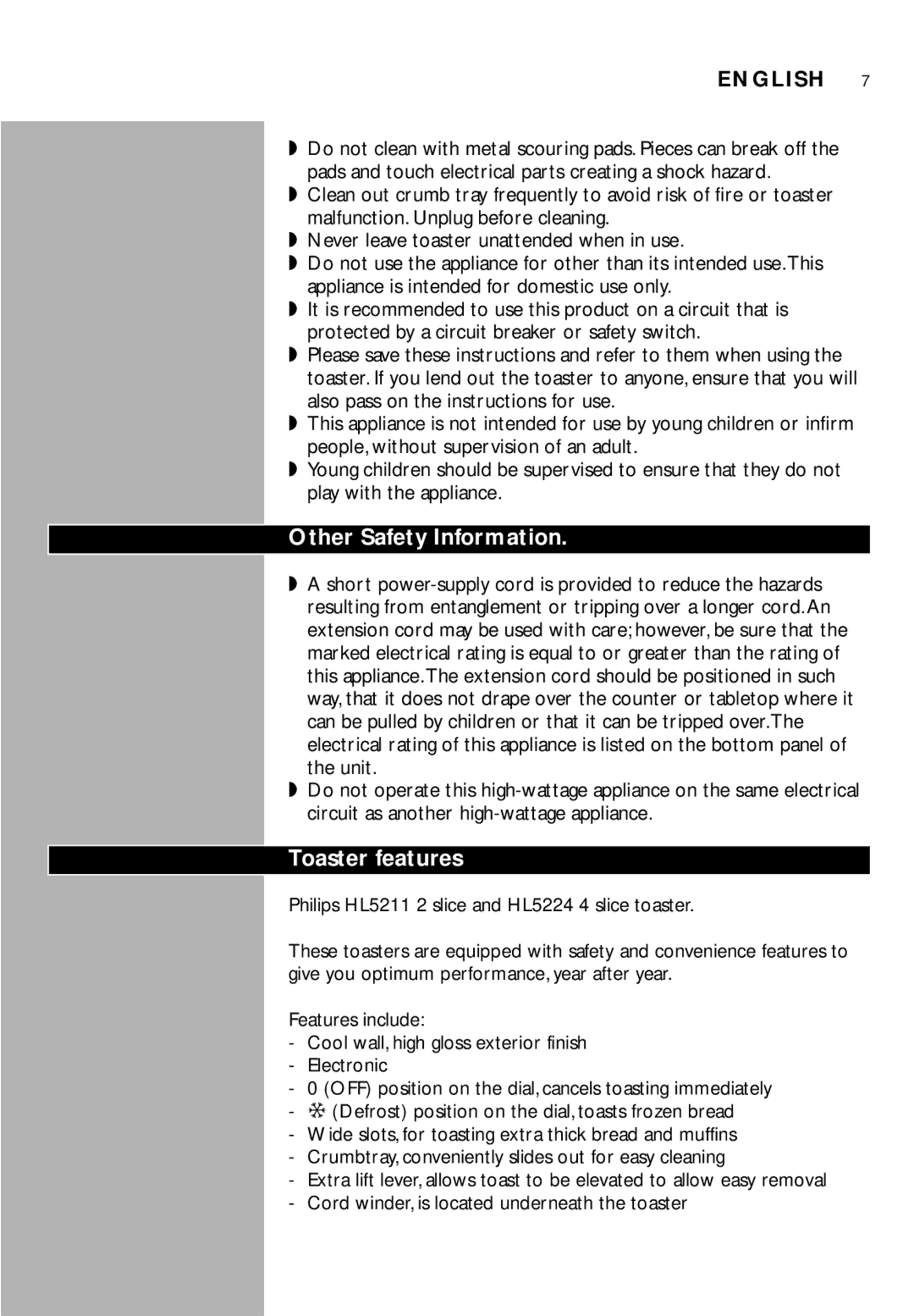 Porter-Cable HL5211 manual Other Safety Information, Toaster features 