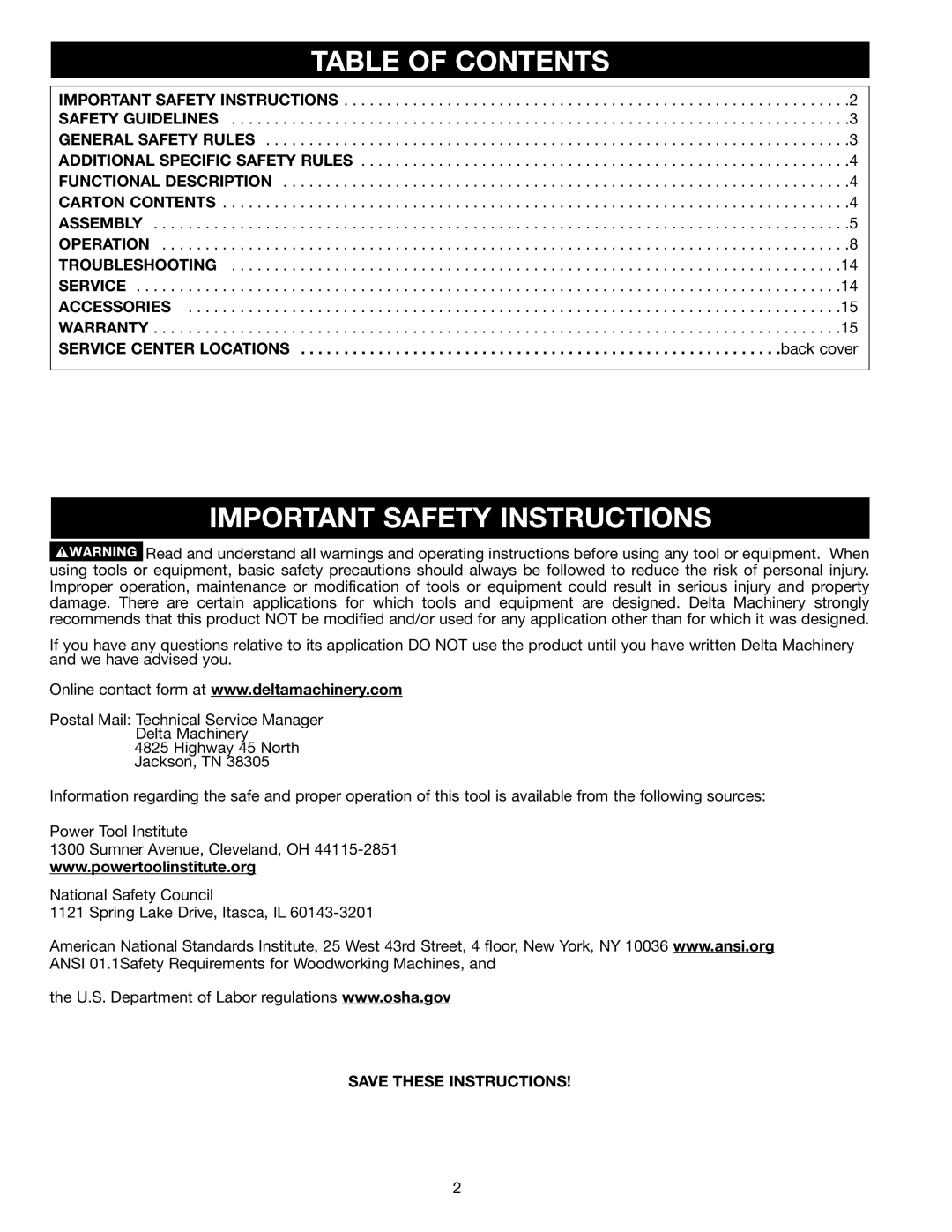 Porter-Cable Jig Saw instruction manual Table of Contents, Important Safety Instructions 