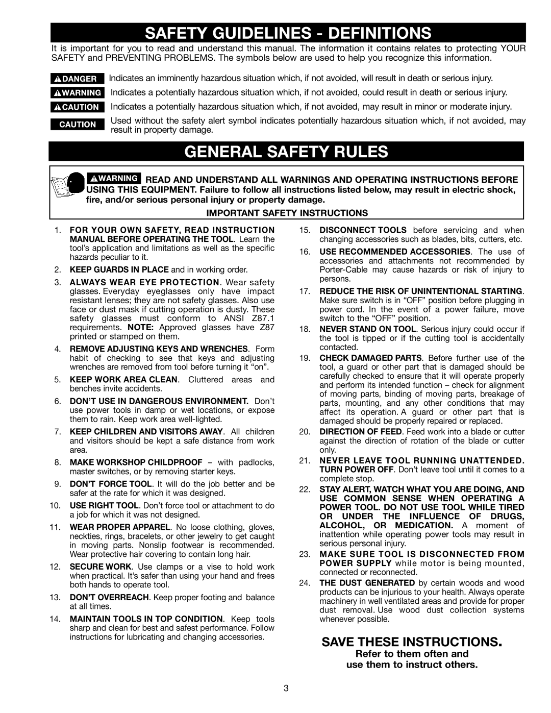 Porter-Cable Jig Saw instruction manual Safety Guidelines Definitions, General Safety Rules 