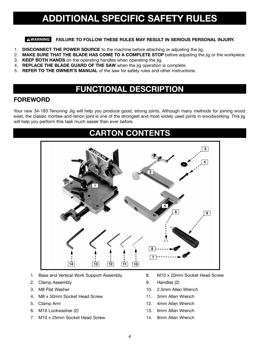 Porter-Cable Jig Saw instruction manual Functional Description, Carton Contents 