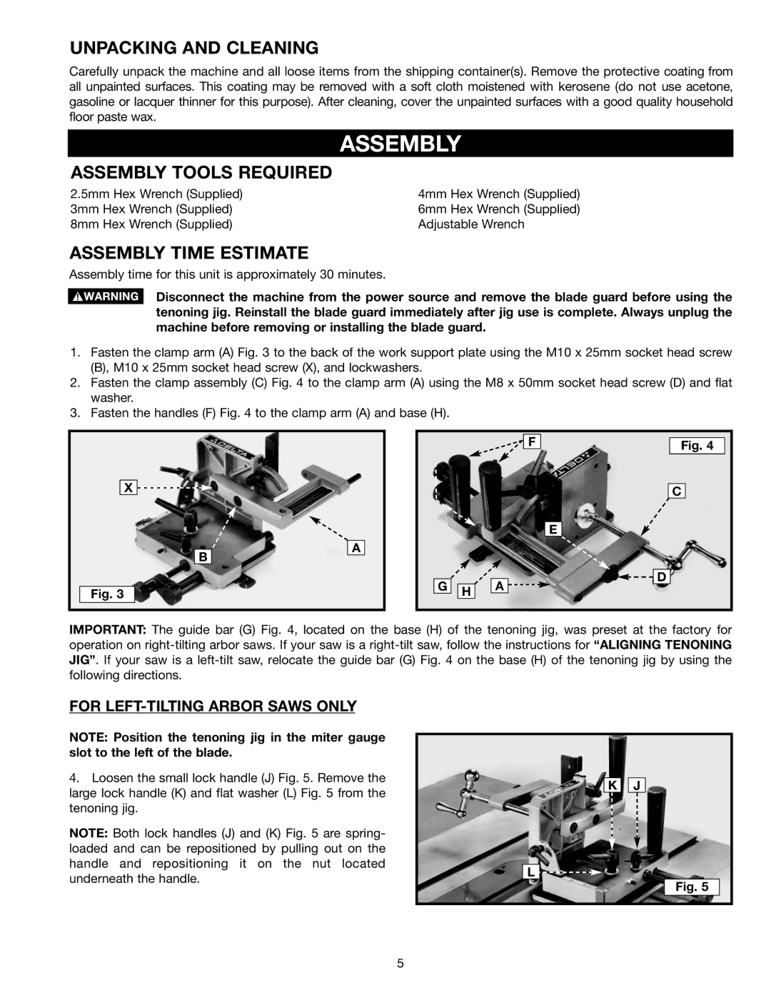 Porter-Cable Jig Saw instruction manual Unpacking and Cleaning, Assembly Tools Required, Assembly Time Estimate 