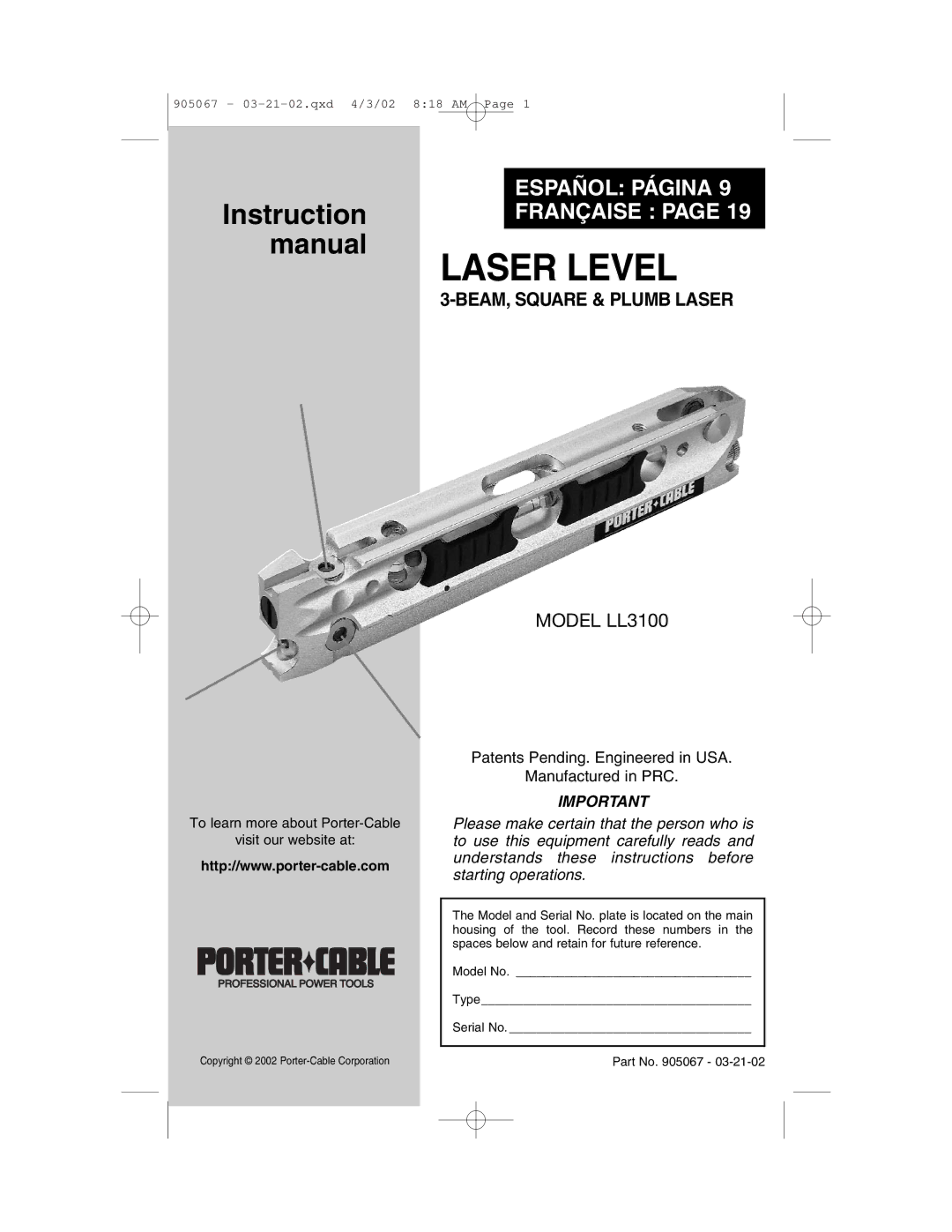 Porter-Cable LL3100 instruction manual Laser Level 